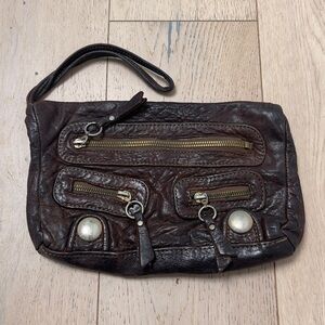 Gustto Dark Brown Leather Wristlet Clutch with Zip Pockets